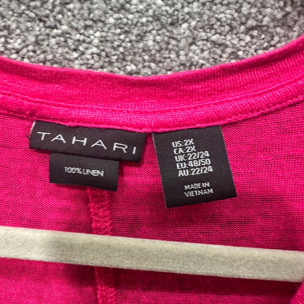 Tahari Blouse Top Women 2X Pink 100% Linen V Neck‎ Short Sleeve T-Shirt - Picture 4 of 11